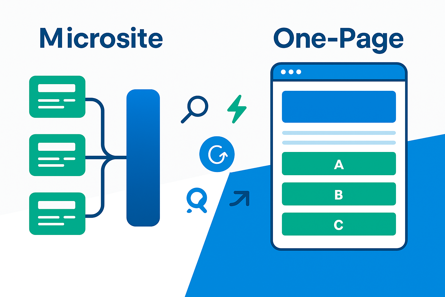 Illustration: Microsite hub-and-spoke vs one-page website layout