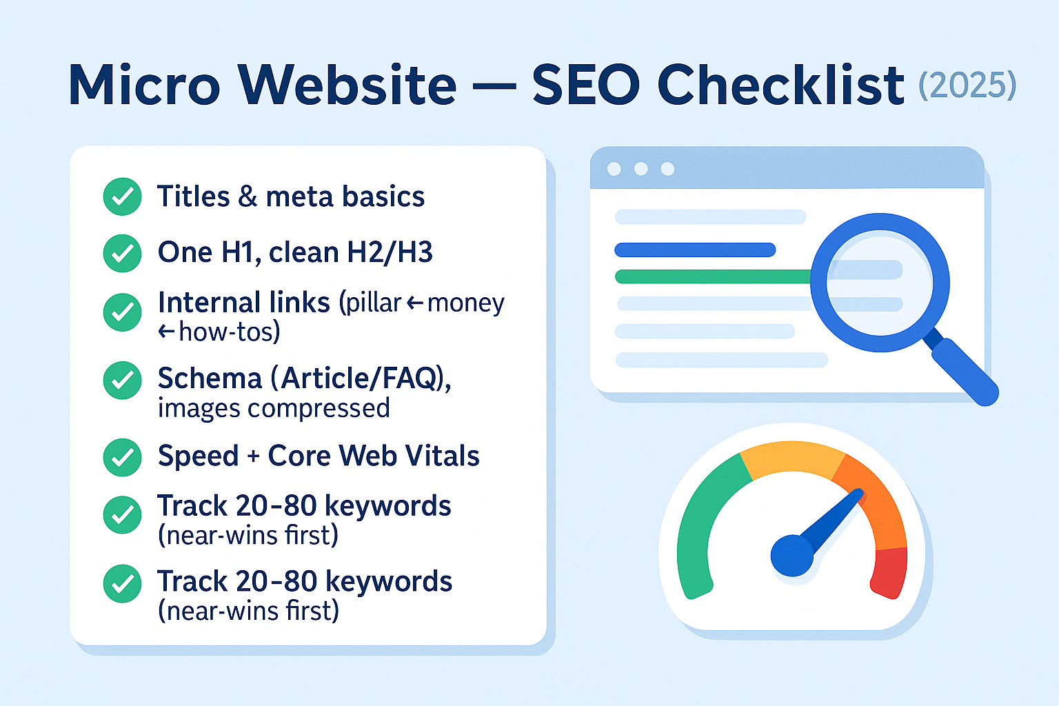 Micro Website SEO checklist 2025 – titles, headings, internal links, schema, speed & tracking (infographic)