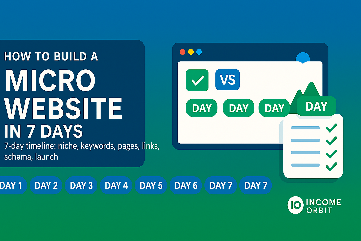 How to build a micro website in 7 days — timeline with day badges, VS block and checklist