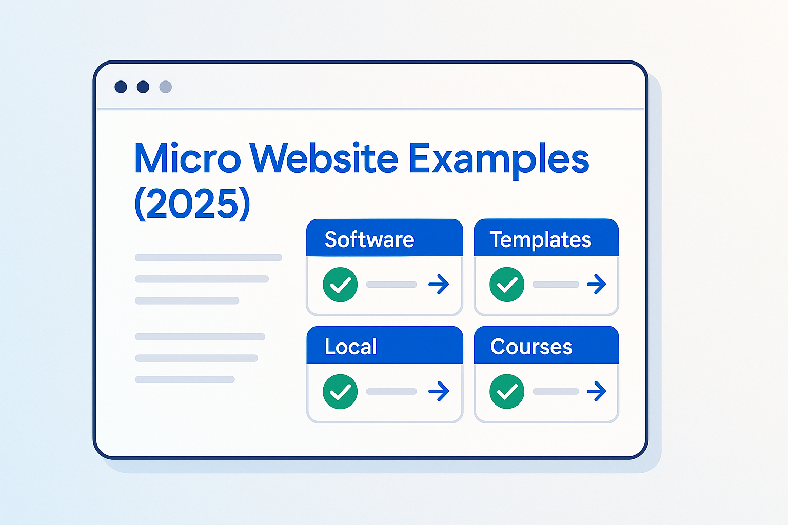 Clean hero illustrating micro website examples layout with checkmarks and a primary CTA